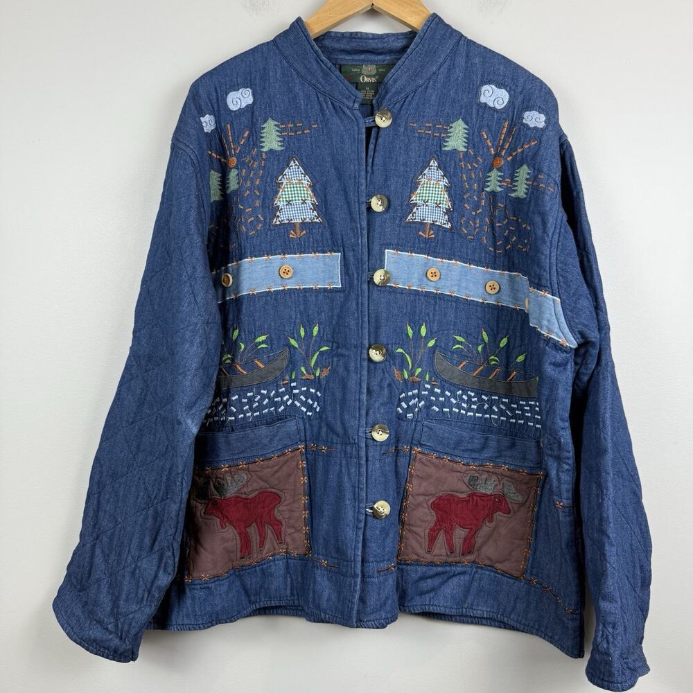 Orvis Quilted Jacket Womens XL Blue Embroidered Cottage Cabincore Eclectic Artsy